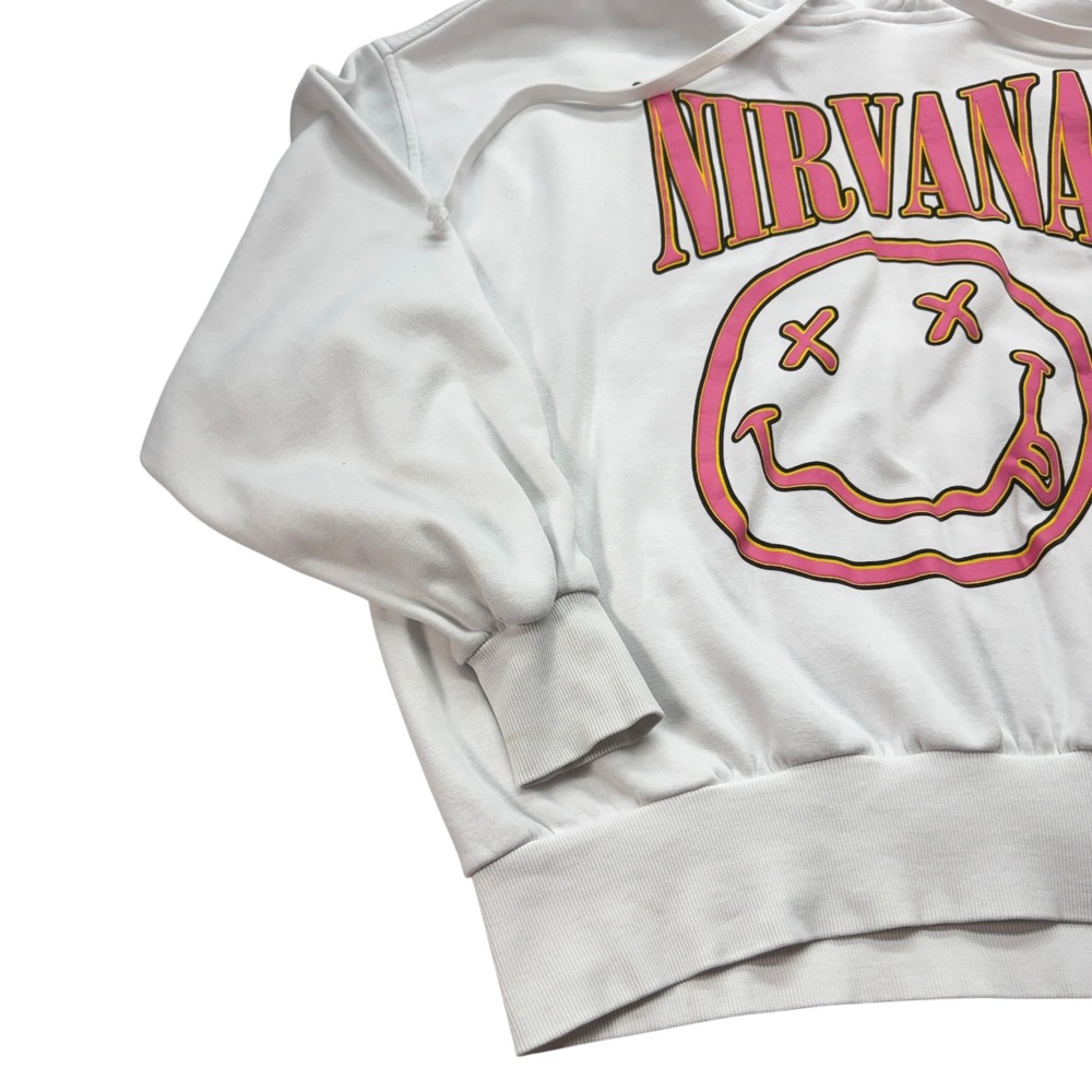 H&M Nirvana Womens Hoodie White Pink Smiley Face Graphic Cotton Blend Fleece L - Picture 4 of 12